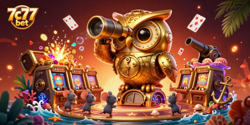 Experience the thrill of 7c77 bet with a vibrant 3D casino illustration featuring dynamic gaming elements.