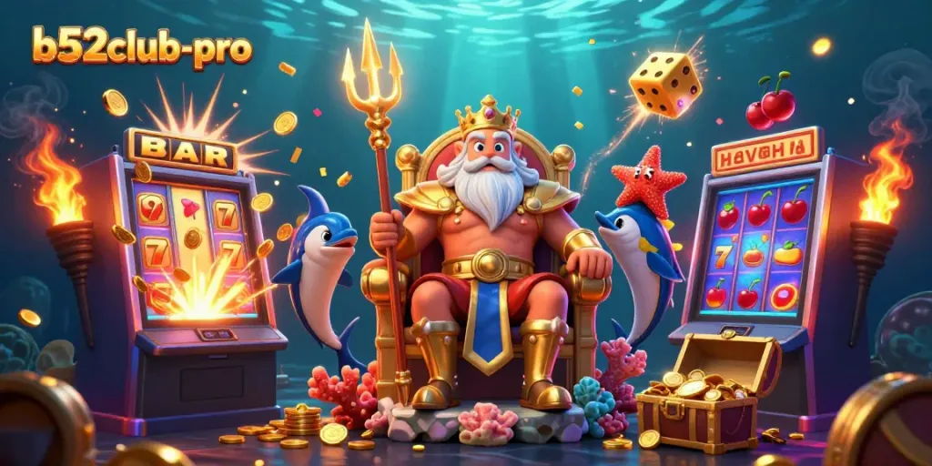 Engage with b52club-pro in a vibrant underwater casino scene, featuring Neptune and stunning game elements.