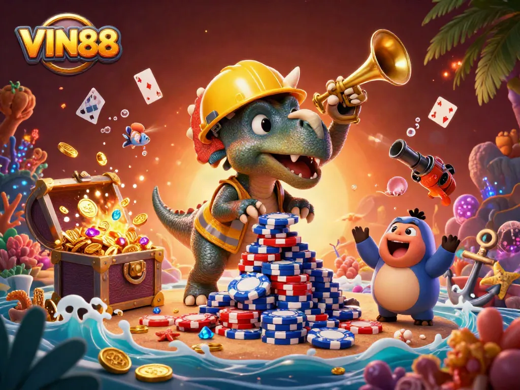 Players celebrate big wins at VIN88’s dynamic casino with poker chips and games.