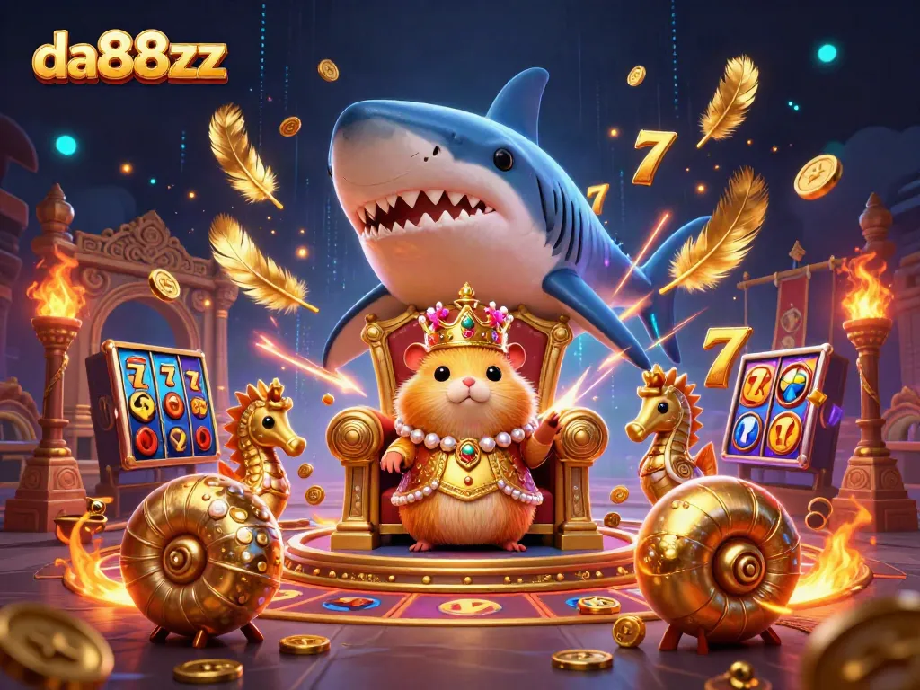 Experience thrilling gameplay at da88zz with a golden hamster king amidst a dynamic casino scene.