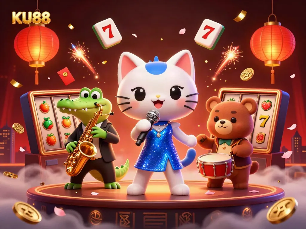 Experience the vibrant energy of KU88 with a jazzy cat and animal musicians at a bustling casino scene.