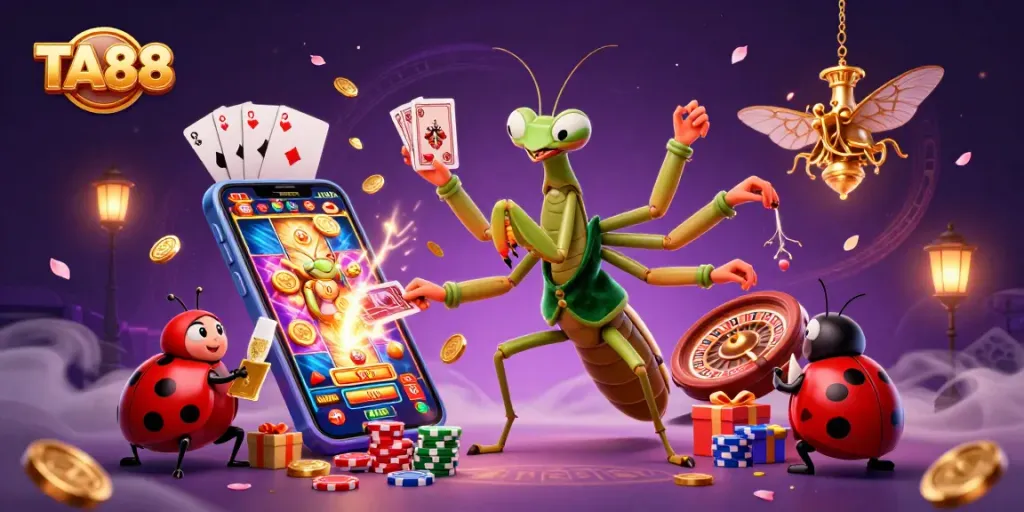 TA88 illustration showcasing a vibrant casino scene with a giant praying mantis card sharp and dynamic gaming elements.