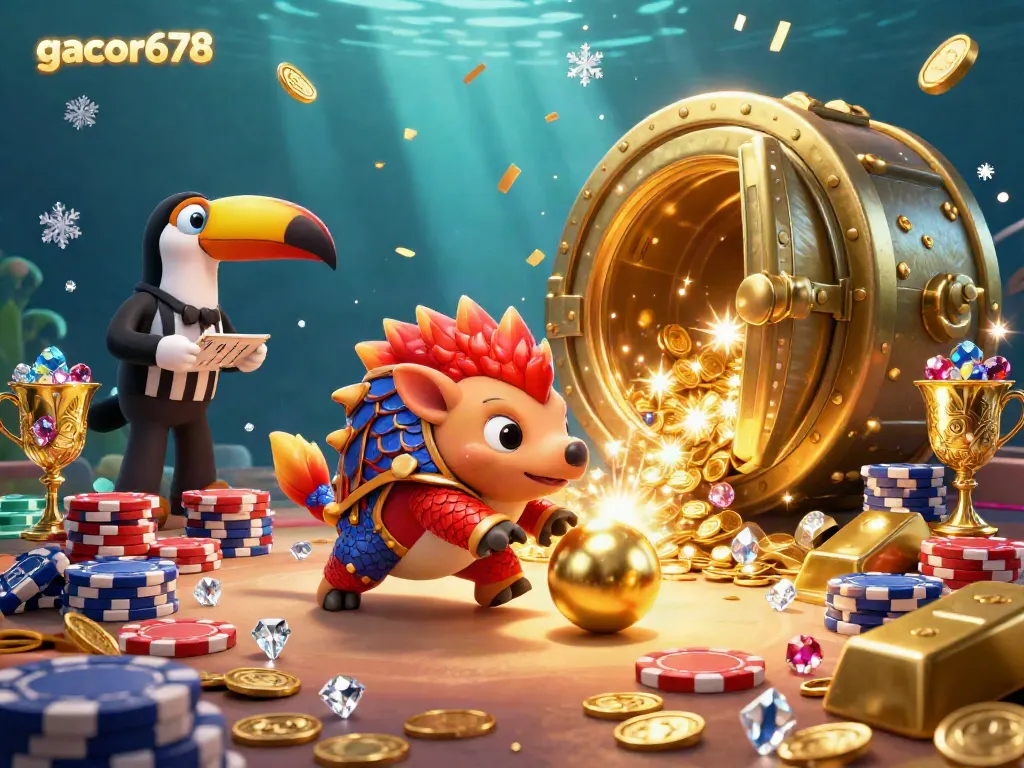 Experience gacor678's thrilling gameplay with competitive pangolins amidst golden treasures and poker chips.