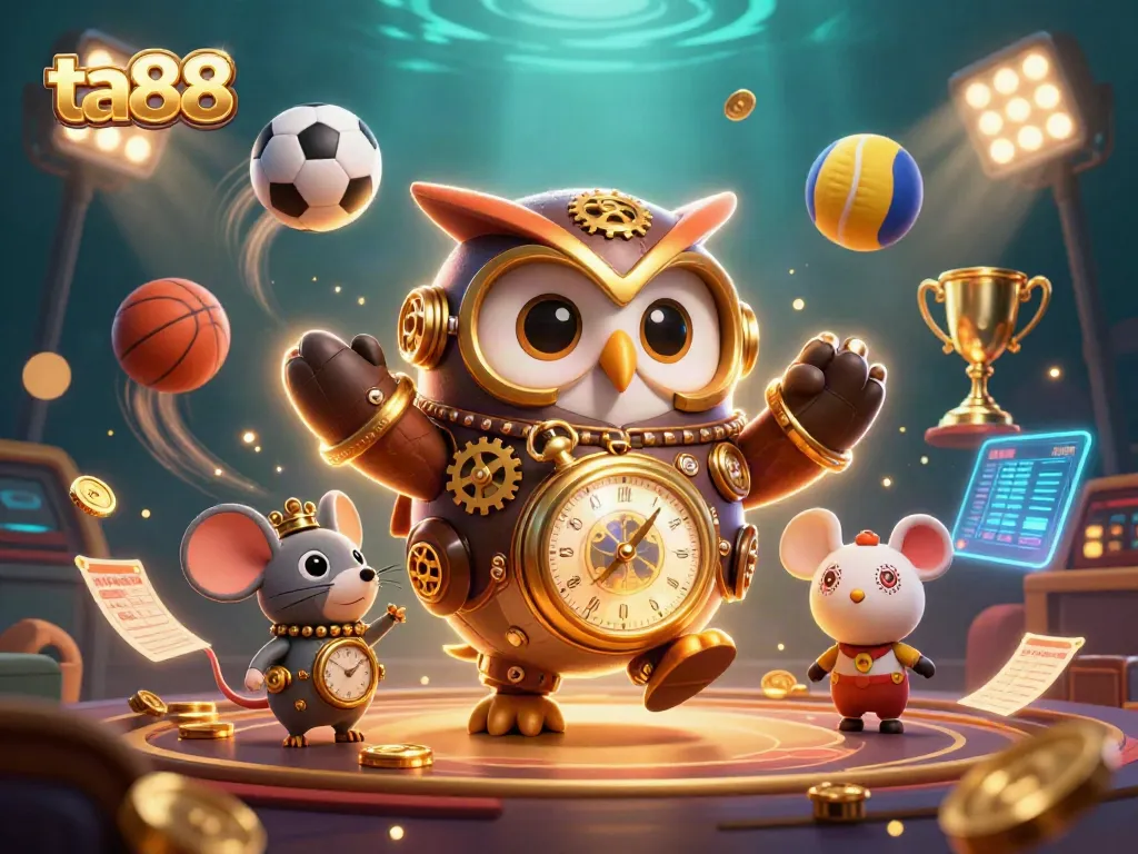 Experience thrilling gameplay with ta88, a vibrant 3D illustration featuring a time-traveling owl and steampunk elements in a bustling casino