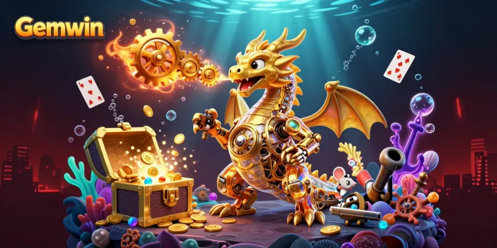 Experience thrilling gaming action with Gemwin's vibrant 3D dragon and underwater treasure scene.