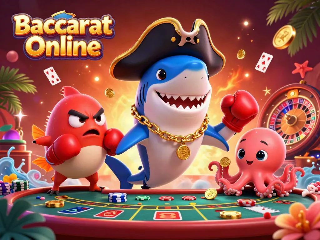 Baccarat Online characters including a pirate shark, pufferfish, and octopus at a bustling casino.