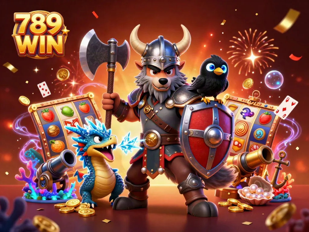 Engage with thrilling 789 WIN gaming visuals featuring unique characters and exciting slot game elements.