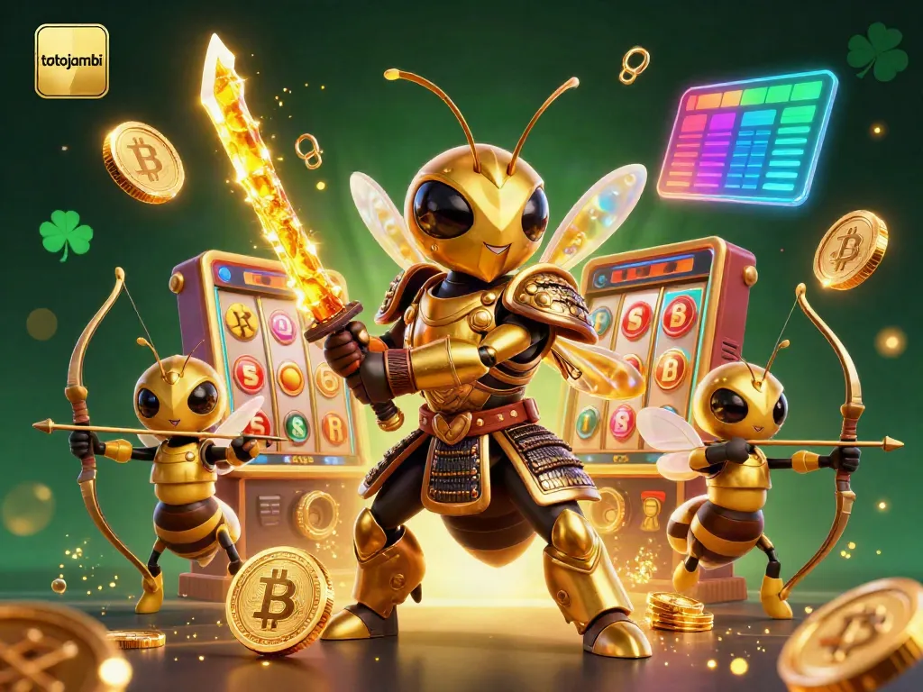Engaging 3D scene showcasing the thrilling world of totojambi with a giant golden hornet warrior amidst casino elements.