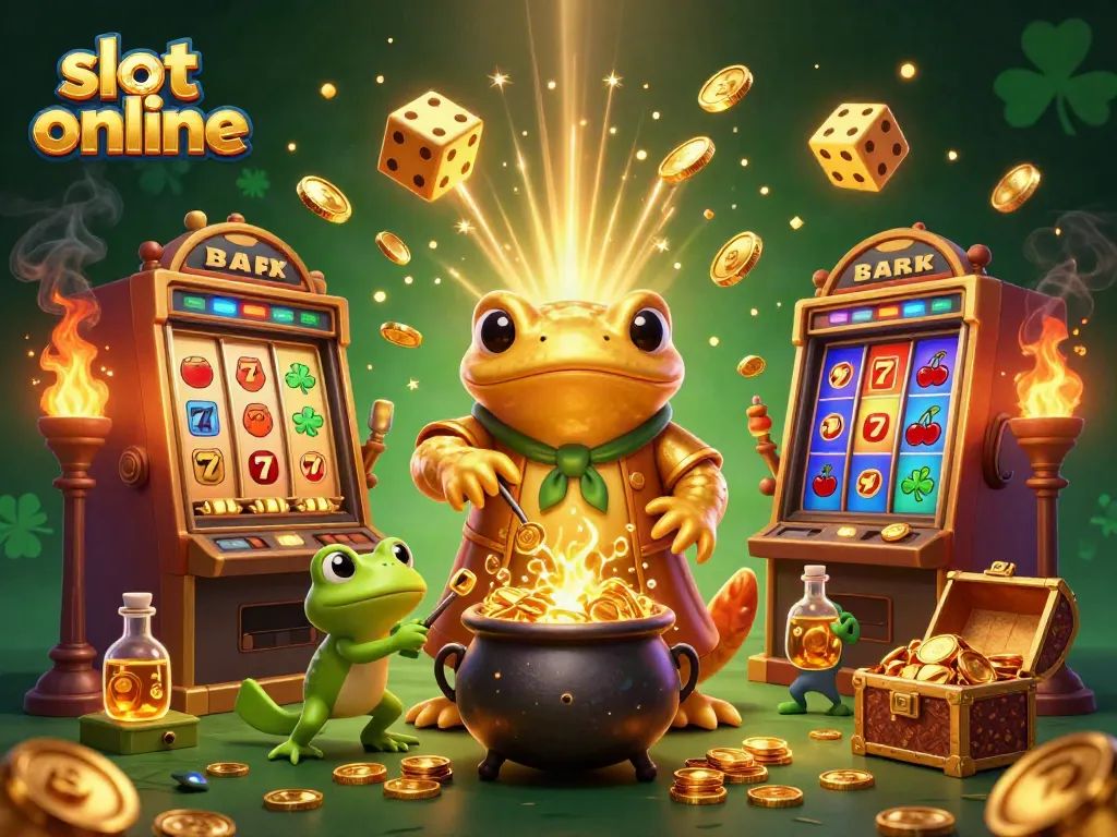 Experience slot online thrills with a giant wizard transforming gold in a bustling casino environment.