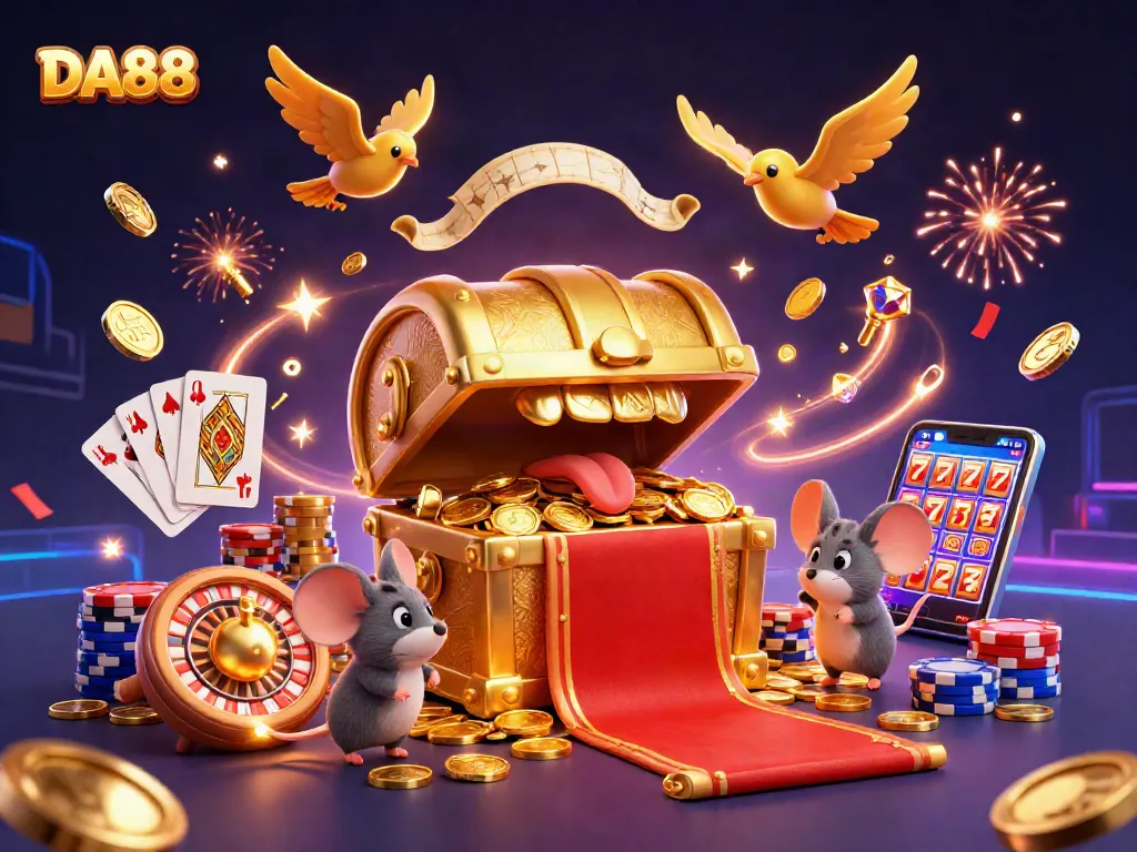 Experience thrilling wins with DA88 as golden coins and sparkling gems burst from a colorful casino scene.