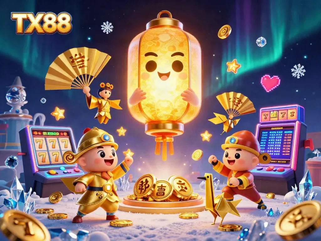 Experience the magic of TX88 through vibrant casino gaming with a golden lantern spirit and lucky symbols.
