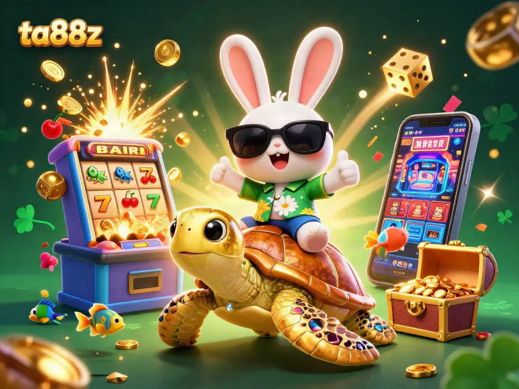Experience fun at ta88z casino with a lucky rabbit and sea turtle amidst a jackpot explosion.