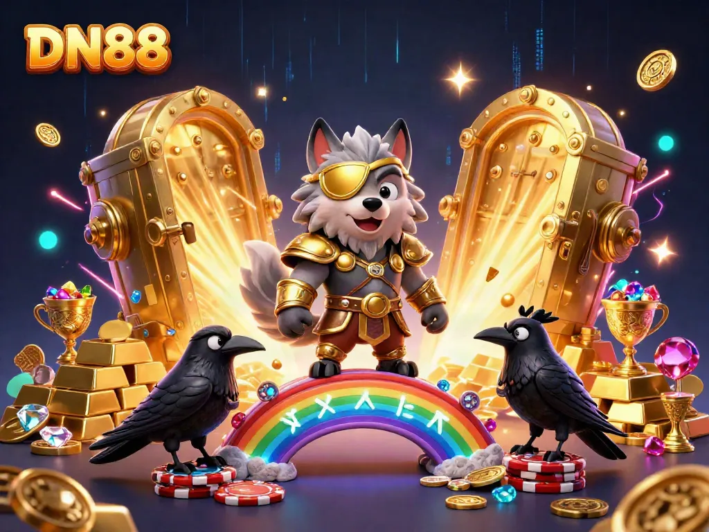 Experience the vibrant world of DN88's gaming with mythological characters amid a treasure-filled casino.