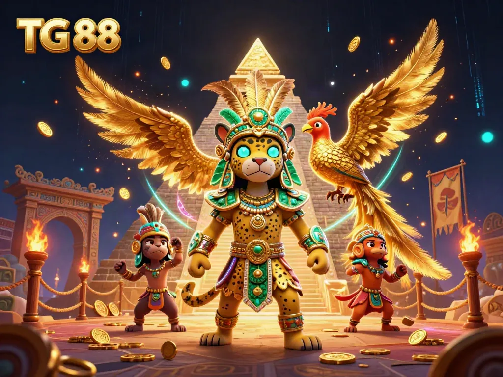 Win big with TG 88 in a vibrant online casino scene featuring dynamic characters and golden rewards.