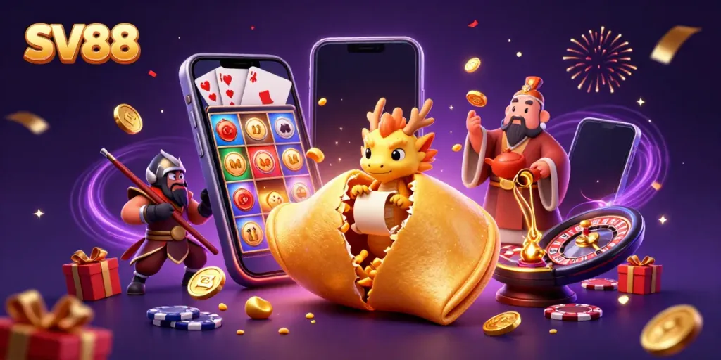 Experience the thrill of SV88 with a cartoon scene featuring animated casino elements and festive ambiance.