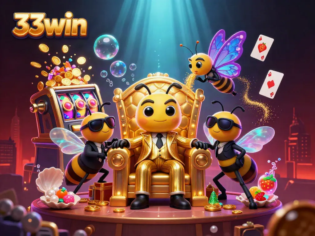 33win casino thematic illustration showcasing a mob boss character in a luxurious setting with slot machines and golden treasures.