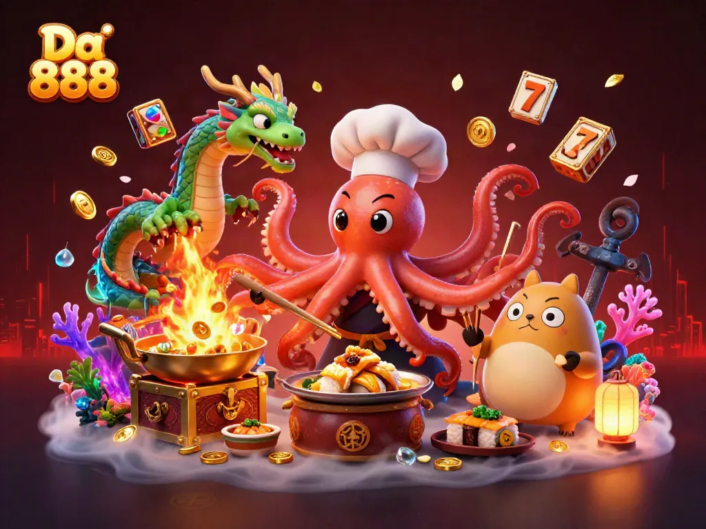 Engage with Da 888's vibrant online casino scene featuring an octopus chef and dragon companion.