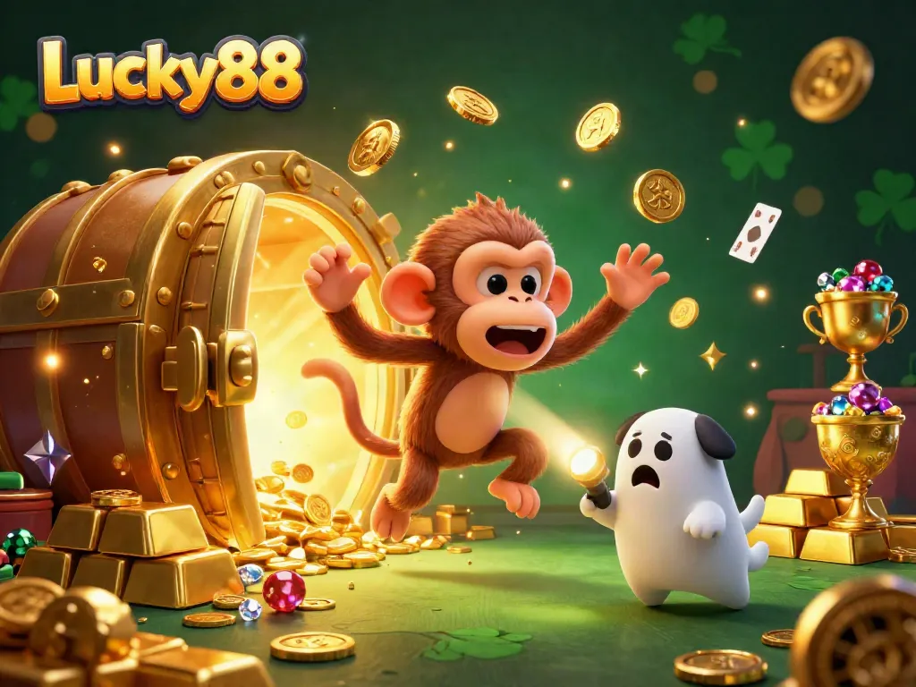 Engage with Lucky88's immersive casino experience featuring a mischievous monkey and ghost-hunter puppy amidst golden treasures.