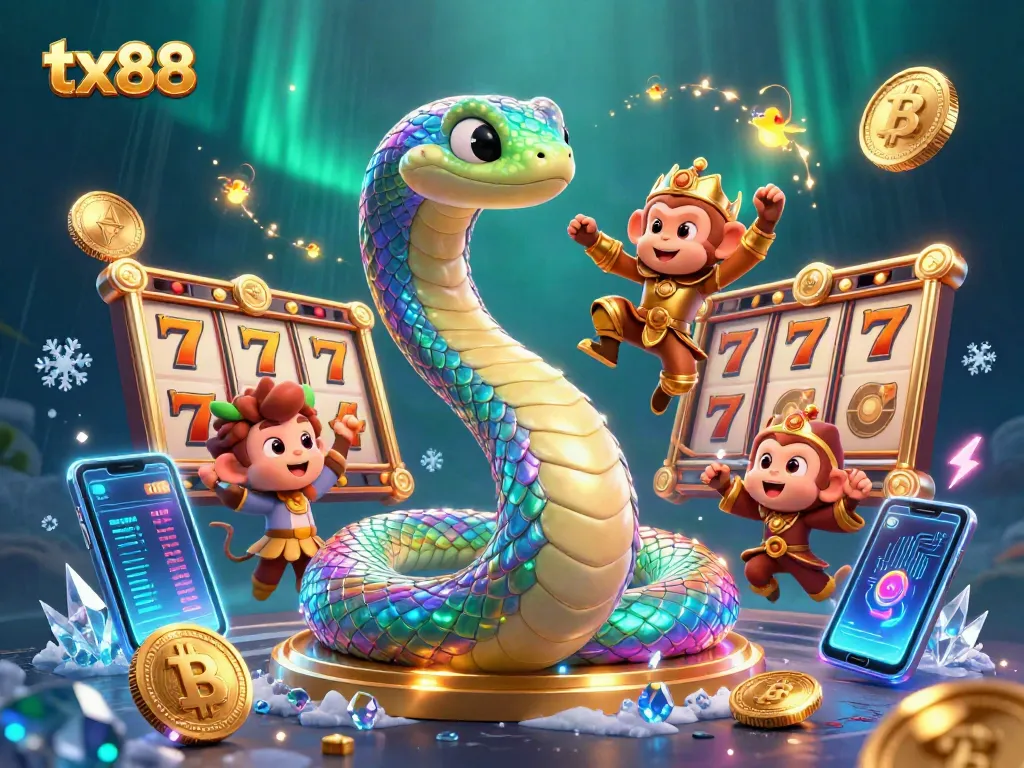 Engage in exciting gameplay at tx88 with vibrant visuals of slots, cryptocurrency, and dynamic characters.