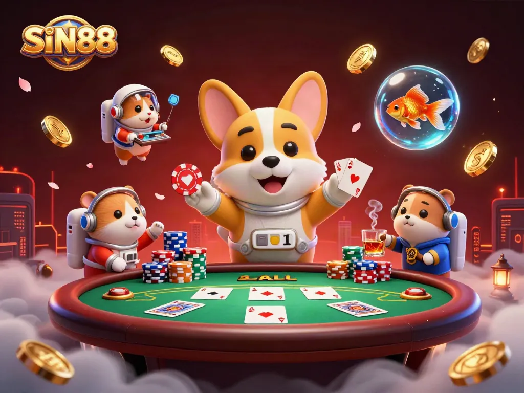 SIN88 casino scene with a floating corgi and hamster guiding players through exciting games.