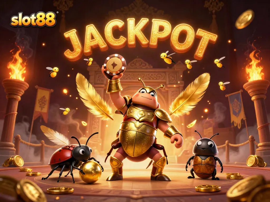 Experience slot88 action with a victorious beetle gaming in a vibrant, dynamic casino scene.