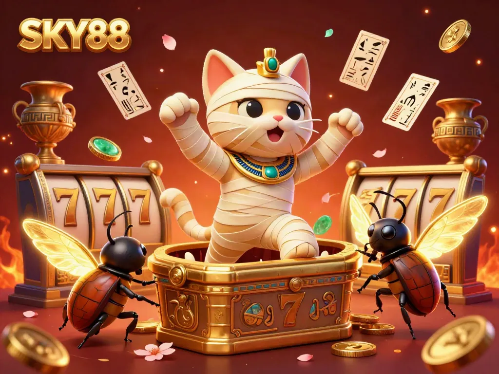 Experience thrilling gameplay at SKY88 as the Egyptian mummy cat bursts into the casino excitement.