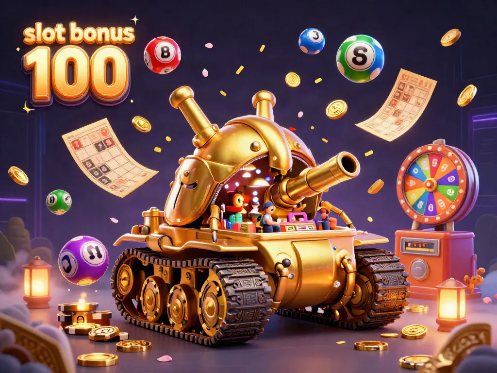 Experience the exciting slot bonus 100 with golden beetle tank filled with a miniature casino, vibrant elements, and a dynamic gaming atmosphere.