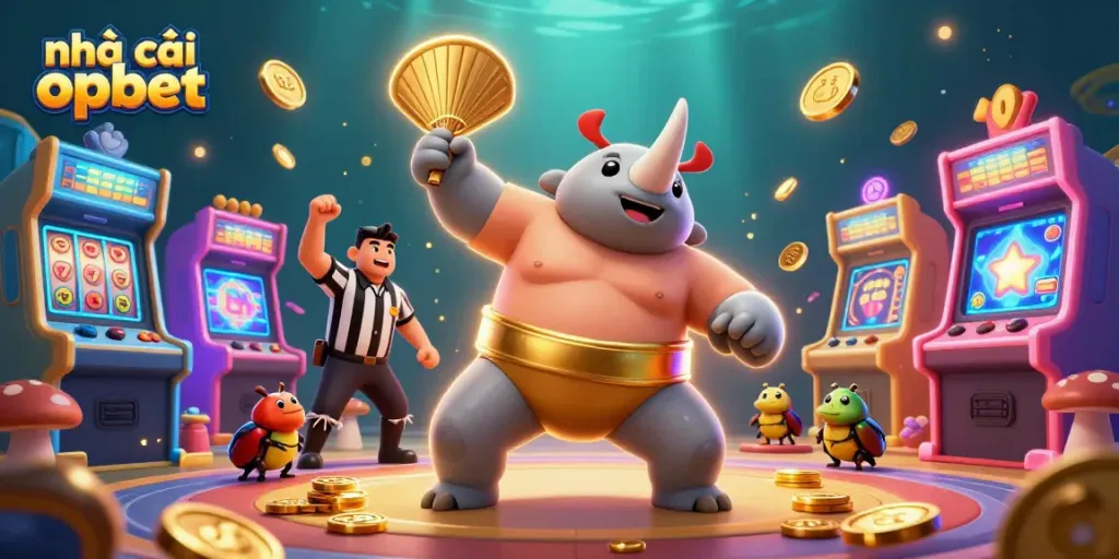 Experience the thrill of nhà cái oxbet with a dynamic casino scene showcasing a sumo beetle champion amidst golden coins and game machines.