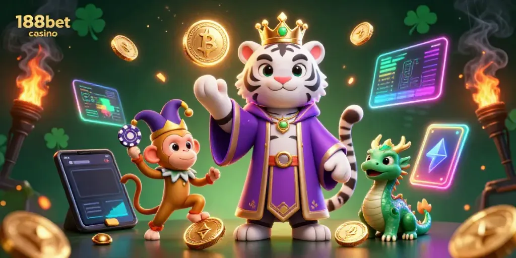 Experience the vibrant atmosphere of 188bet casino with animated characters and crypto elements.