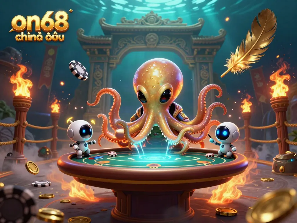 Experience the excitement of on68 chính thức with a vibrant scene featuring an alien octopus and dynamic poker elements.