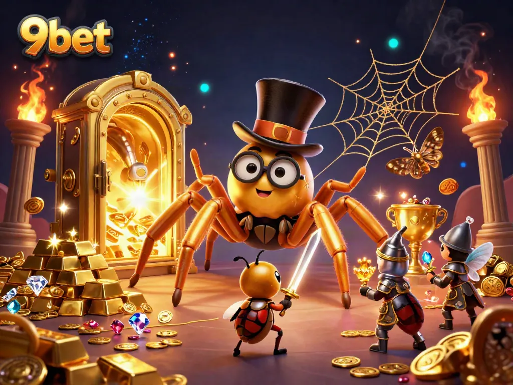 9BET showcases an exciting casino adventure with a giant golden tarantula and a beetle knight.