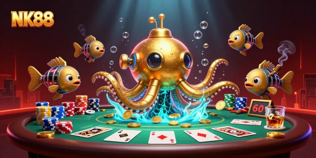Engage with NK88 casino excitement in this dynamic underwater scene featuring poker and gold coins.