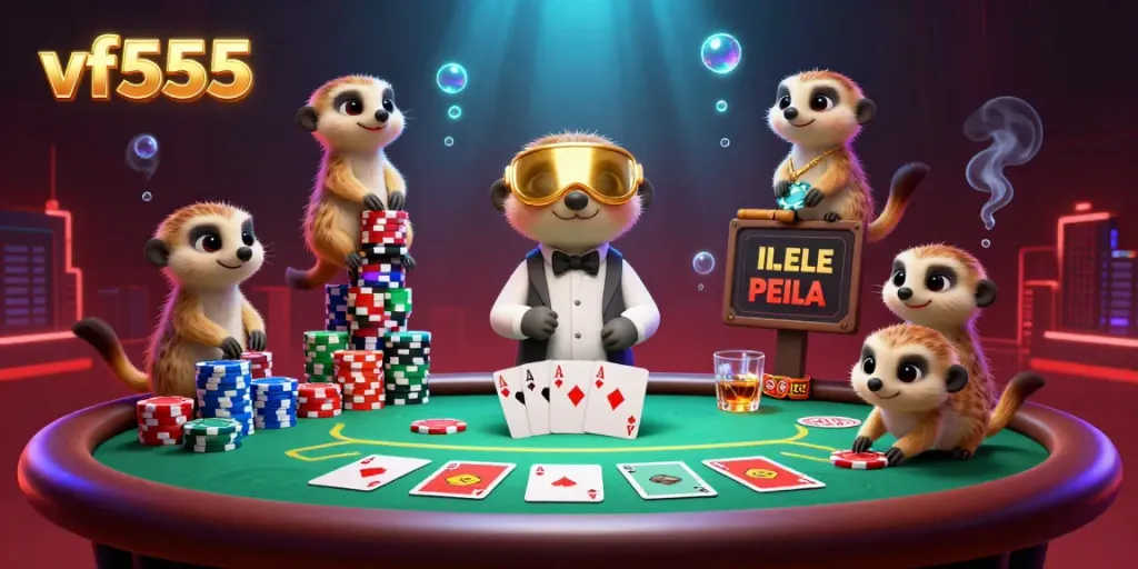 Experience the vibrant vf555 casino scene with meerkats running games, poker chips, and dynamic elements.