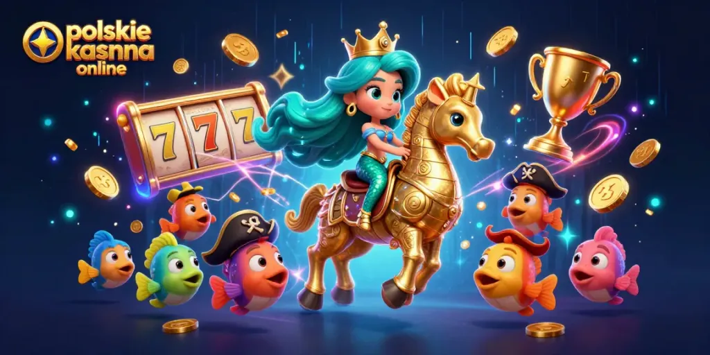 Engage with polskie kasyna online showcasing vibrant slot reels and a mermaid in a dynamic casino scene.